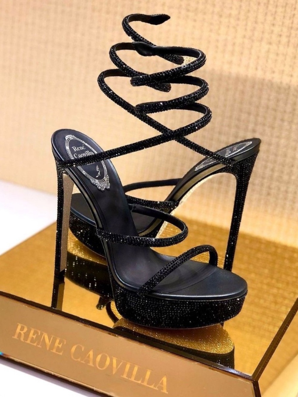 MARGOT CRYSTAL BLACK PLATFORM SANDAL 120